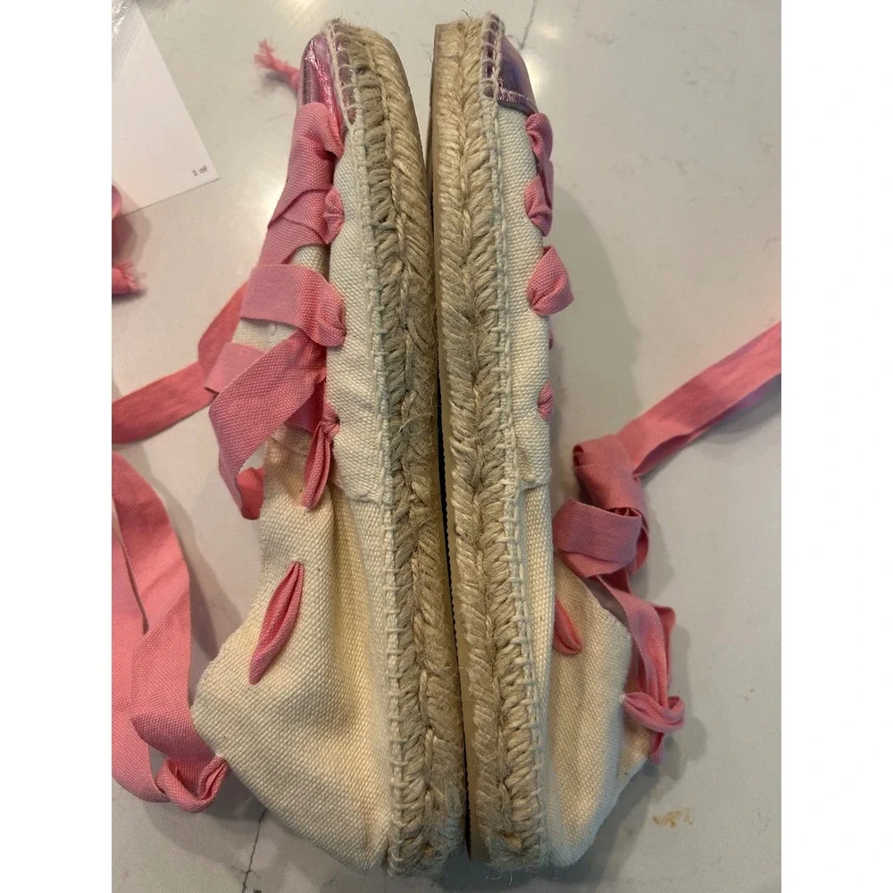 Cousu Main Espadrille Flats Pink Metallic Cap Toe‎ Ribbon Lace Up Shoes 40